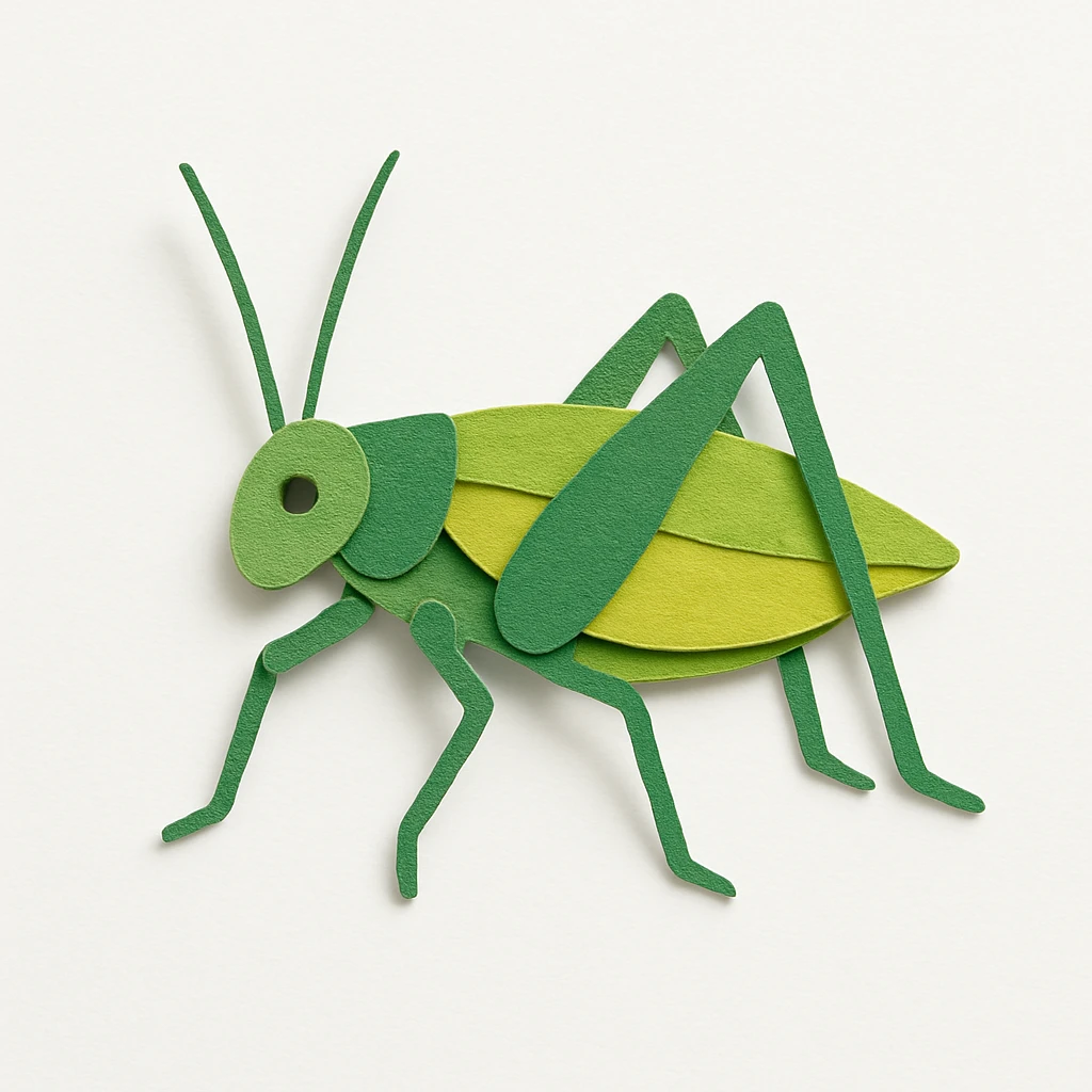 paper craft style katydid, layered paper effect, green and yellow emoji