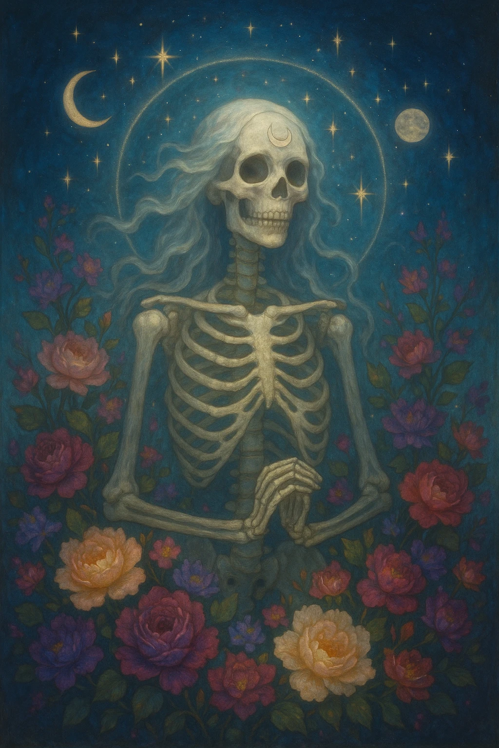 goddess skeleton, mystical, surrounded by flowers, delicate bones, celestial elements emoji