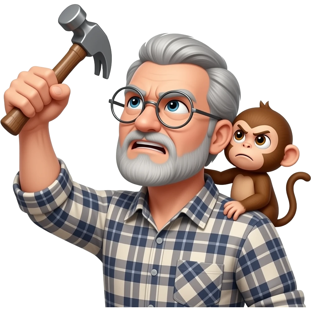 grumpy angry old man wearing a plaid shirt with silver round glasses with with grey hair and no beard or mustache looking at the sky and shaking his fist at the sky with a hammer in his left hand with a angry baby monkey on his shoulder emoji