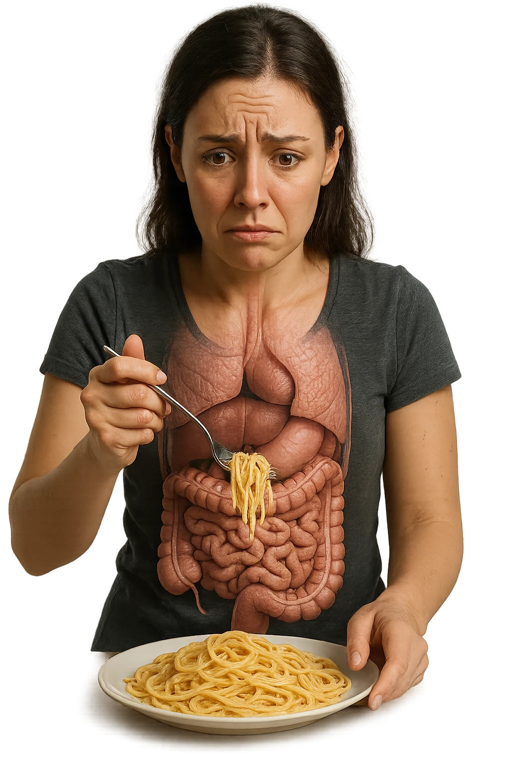 donna con  espressione ansiosa mentre mangia un piatto di pasta affamata, intestino anatomico visibile, iperrealistiche 4k emoji
