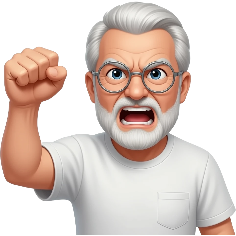 grumpy angry old man yelling with round silver glasses and a t-shirt shaking his fist at the sky emoji