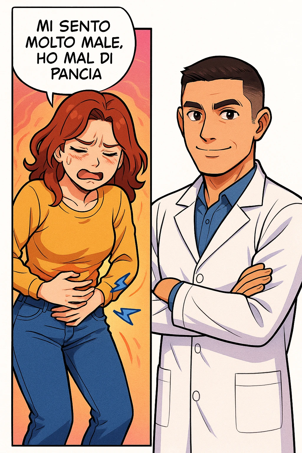 su questo stile fai un manga/webtoon a colori in cui una donna si lamenta che sta male e ha mal di pancia, l'uomo della foto in stile manga gli risponde, ISOLATO SU SFONDO BIANCO emoji