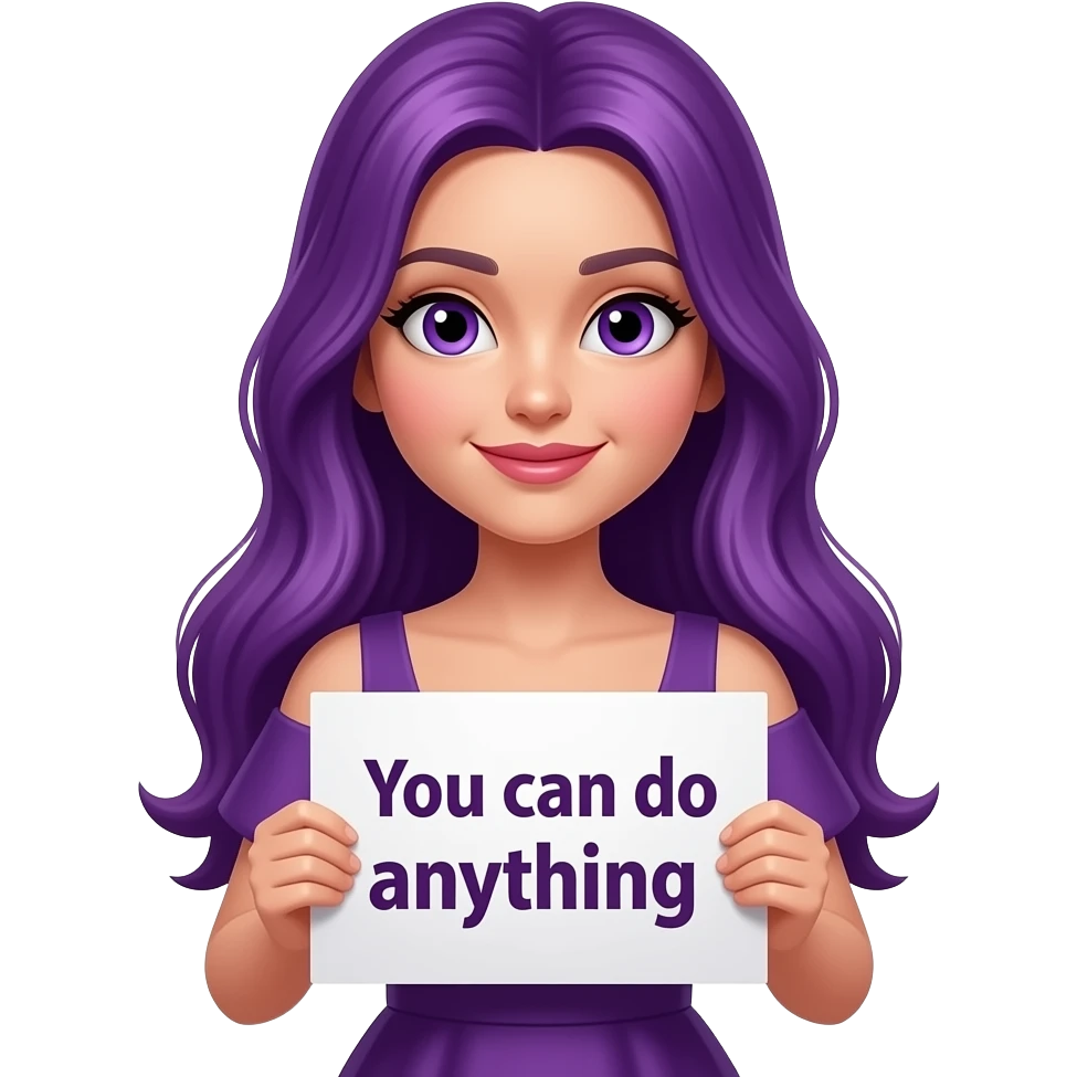 sexy girl with long purple hair and purple eyes wearing a dress holding a GIRL! You can do anyything sign emoji
