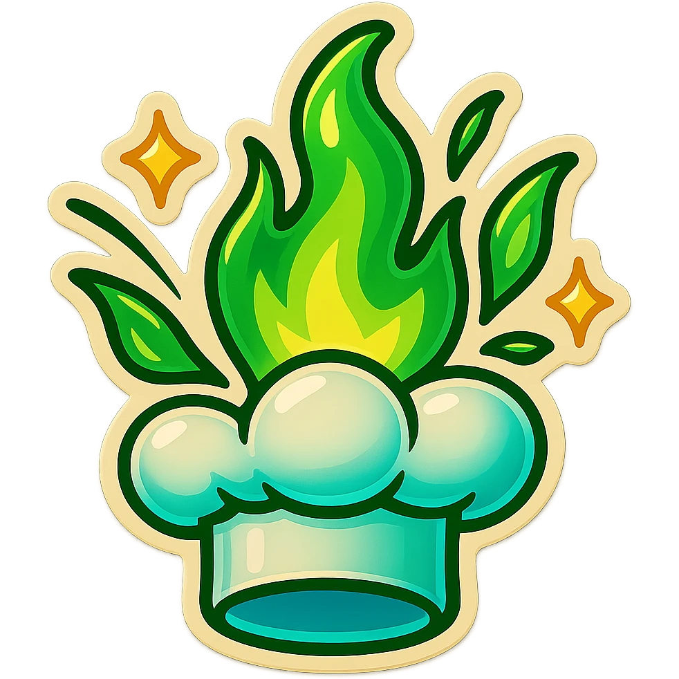 chef's hat explode with trails of fires, emoji, playful, magic flame green gradient, vibrant, flame matching style reference file emoji