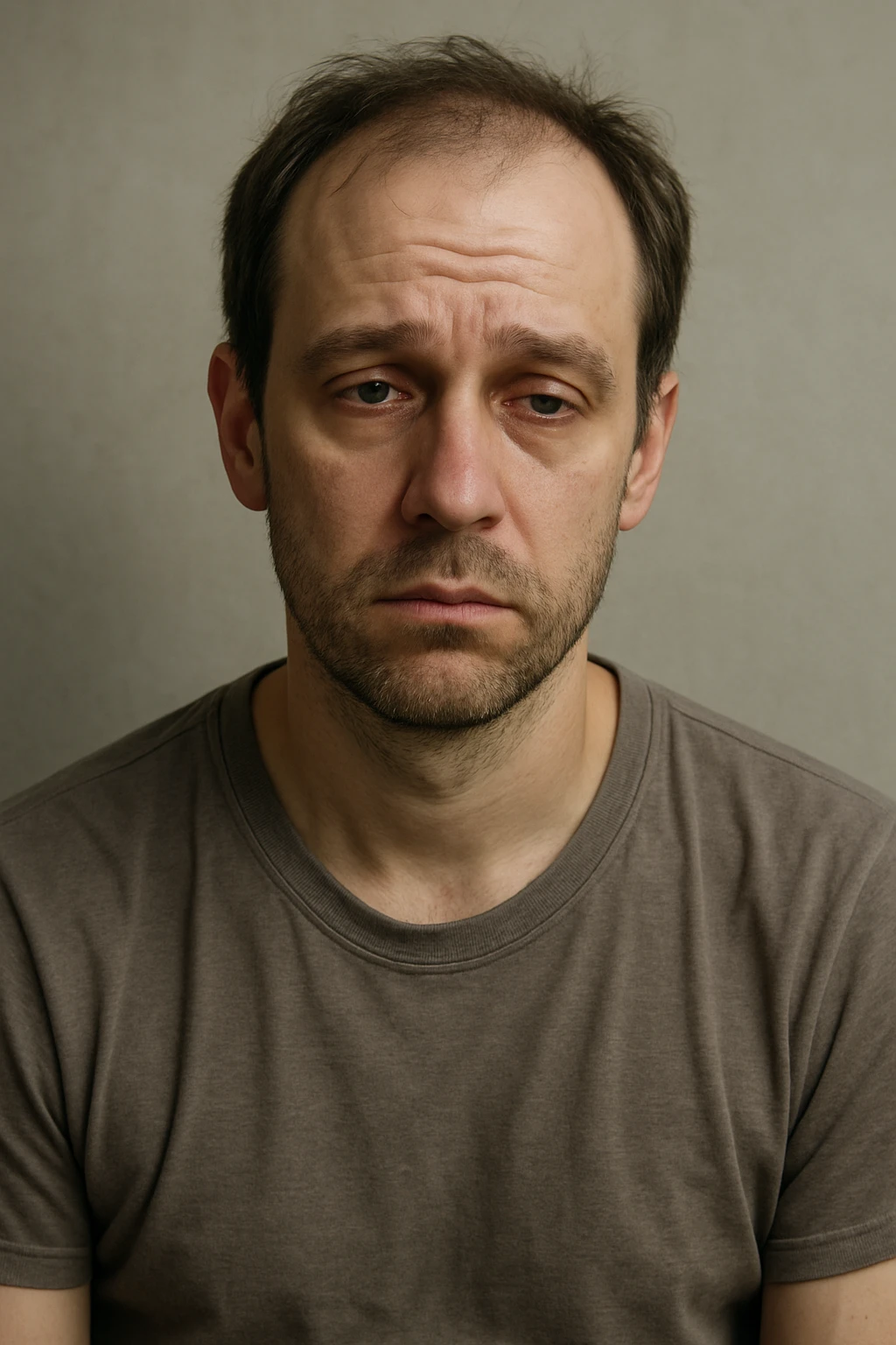 Un uomo caucasico di 35-45 anni, in CGI fotorealistico, che mostra i segni fisici ed emotivi di un basso livello di testosterone. emoji