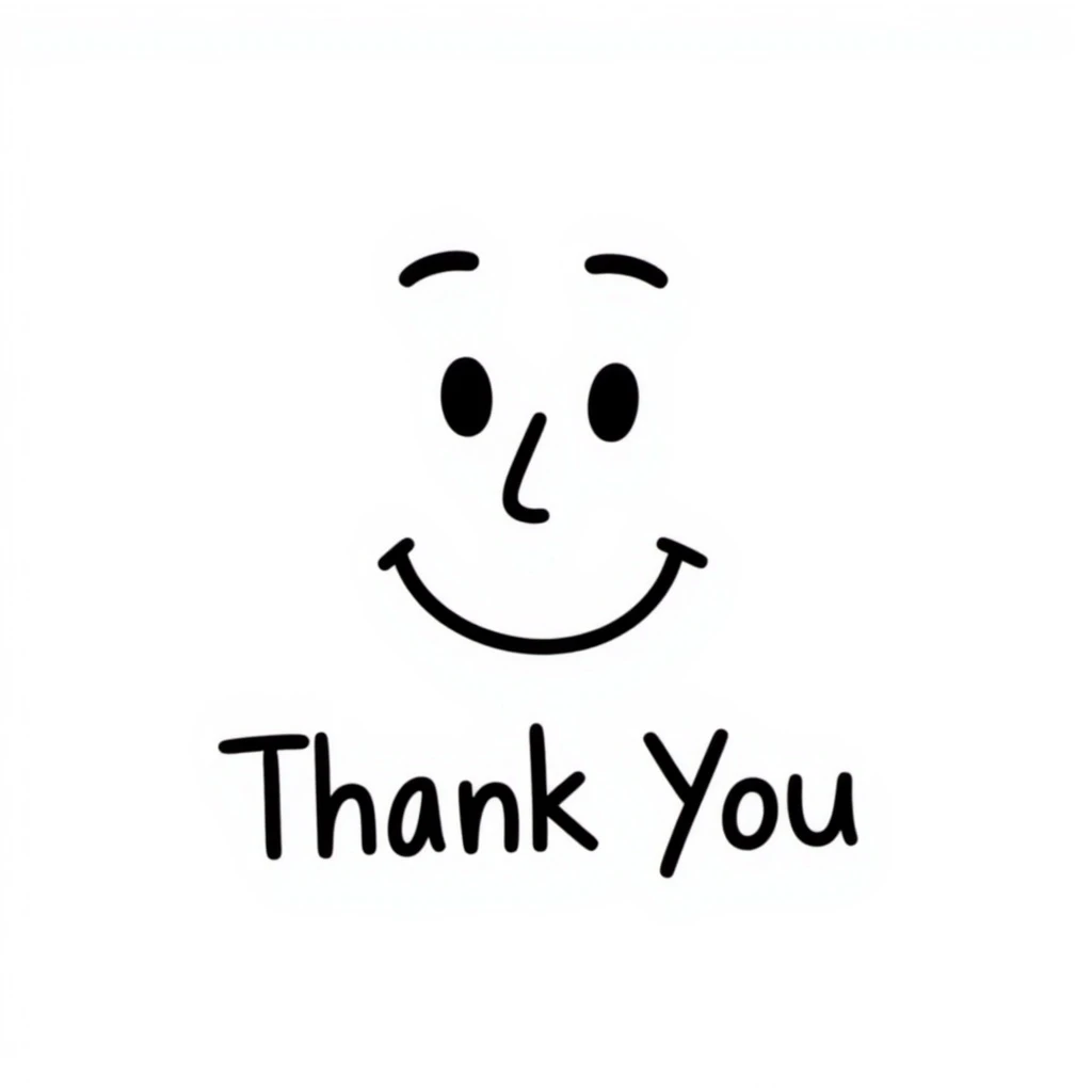hand-drawn doodle of a smiling face with 'thank you' text emoji