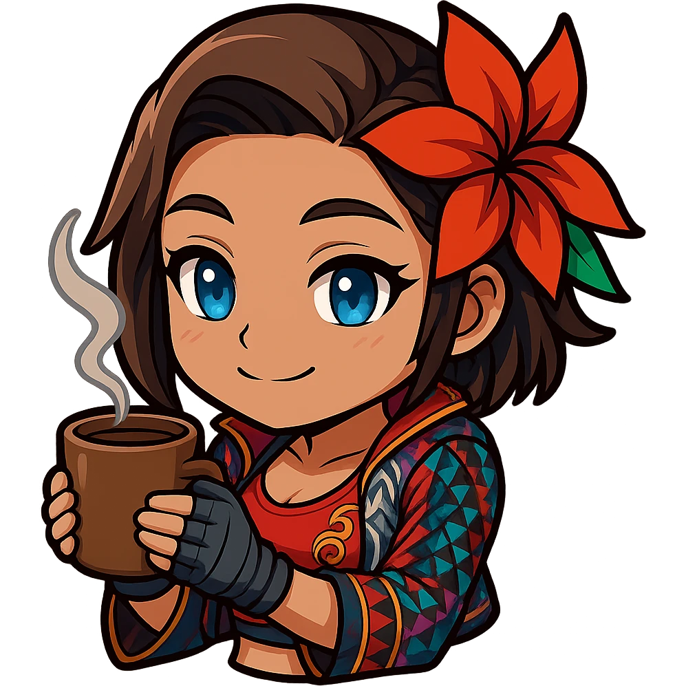 Azucena from Tekken 8 in chibi sticker style, holding a steaming mug, cozy expression, wearing the detailed red and patterned outfit from the reference images, designed for Twitch emote use. emoji