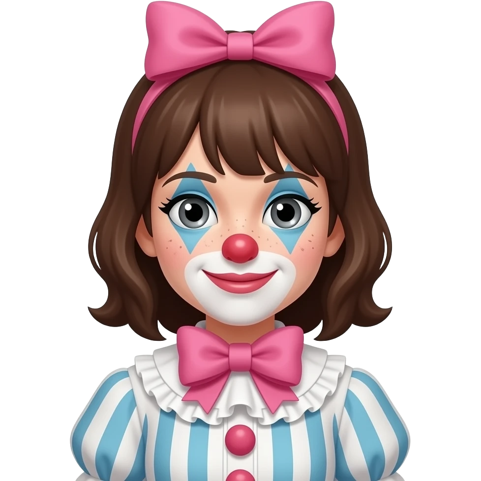 Brown hair. Pink bow, clown outfit, freckles, grey eyes emoji