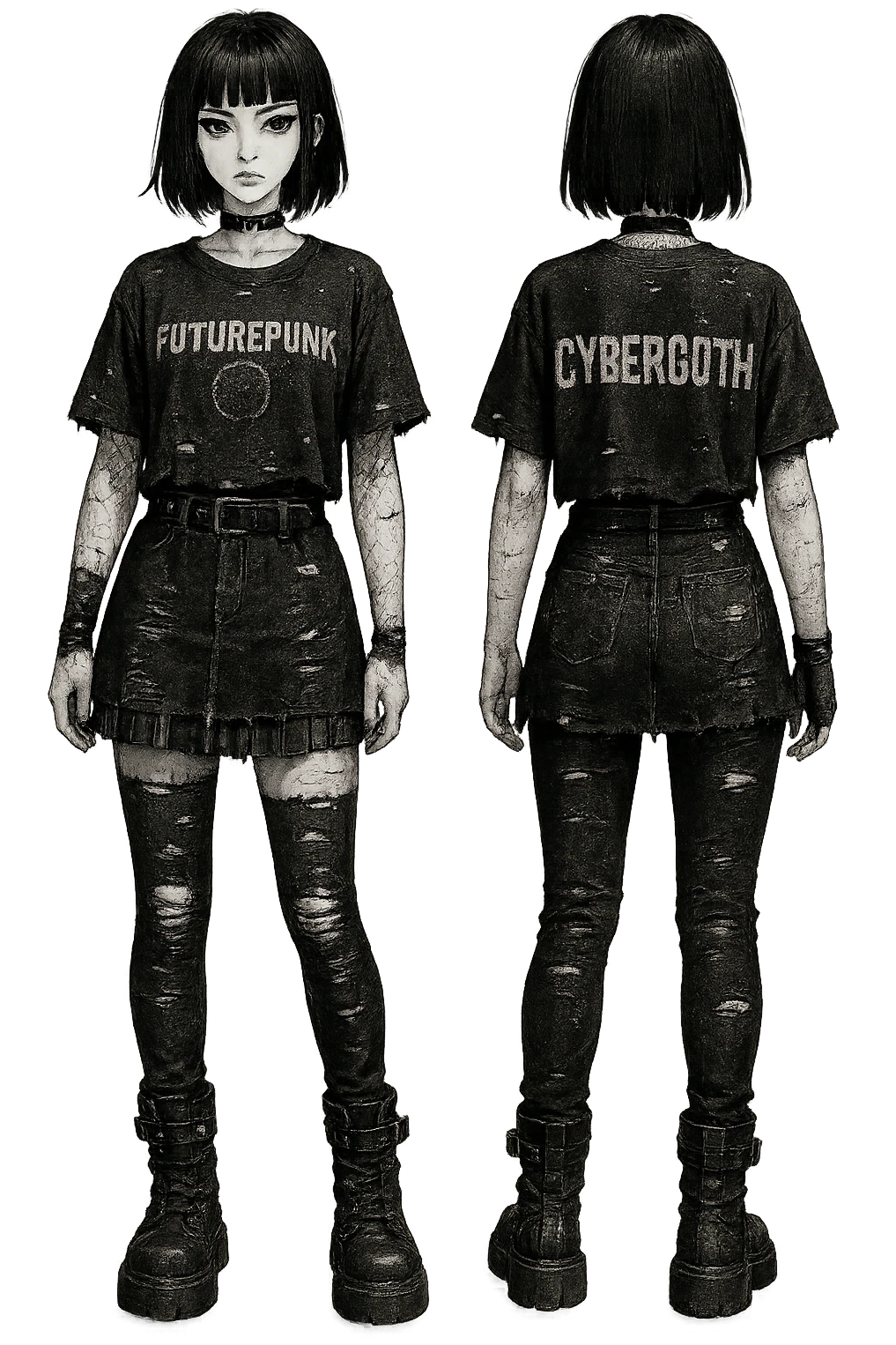 1 female outfit design for a VTUBER OC. The style is mixed 90's grunge, punk, lots of black and white in the color scheme, futuristic aesthetic. Clothing has small rips and tears from wear, logos and designs are faded. Garage, Shoegaze, postmodern style. character design concept art outfit for a female. [[FUTUREPUNK CYBERGOTH]] front on view, not 3/4 angle or any angle, perfect front, front and back view of each design,  emoji