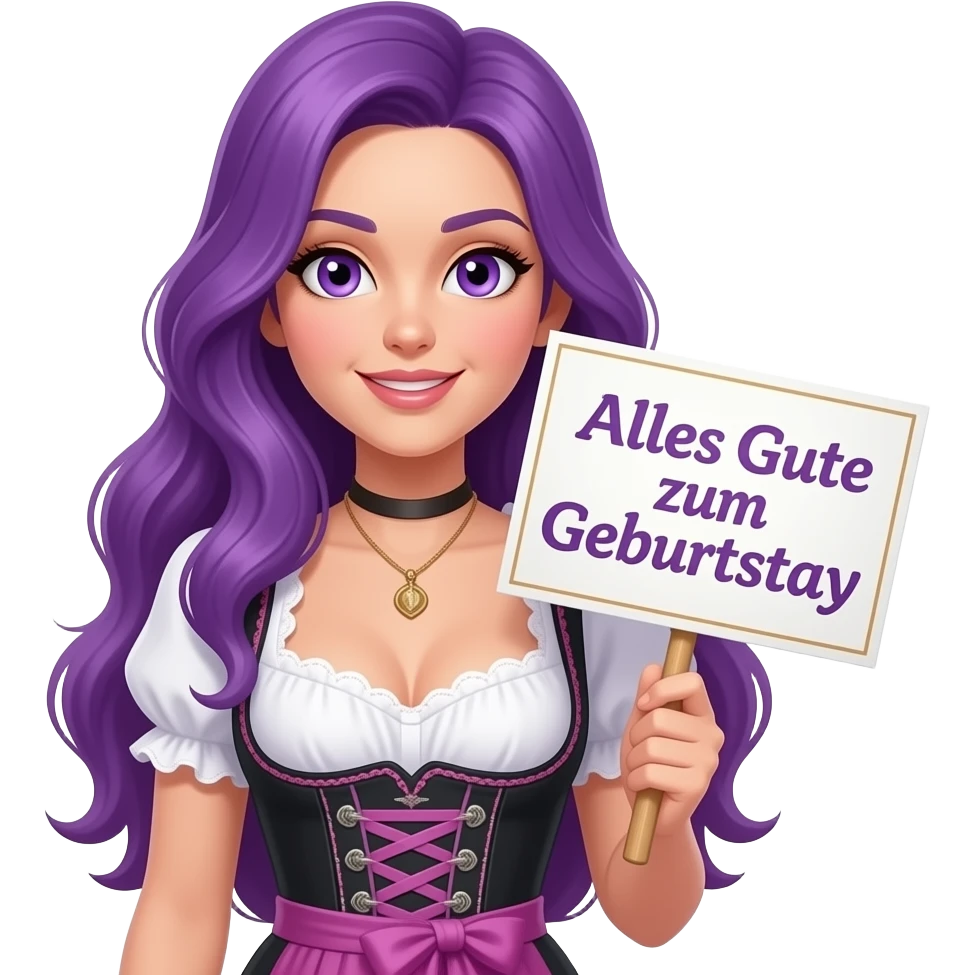 sexy girl with long purple hair and purple eyes wearing a dirndl holding a ALLES GUTE ZUM GEBURTSTAG sign emoji