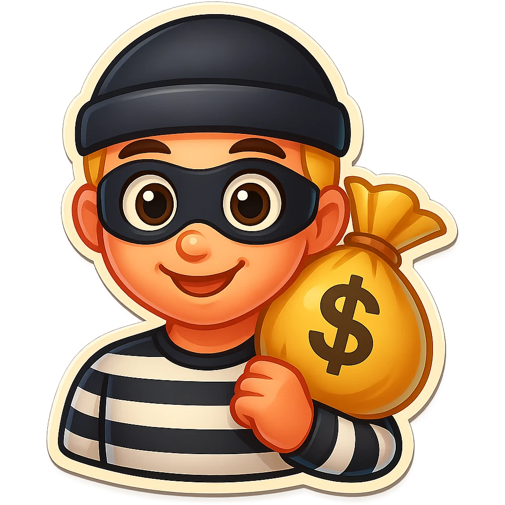 Create a colorful cartoon emoji style portrait of a robber with a black and white striped shirt, black beanie, black mask, carrying a bag of money over the shoulder, and big cartoon eyes, similar to the reference image. emoji
