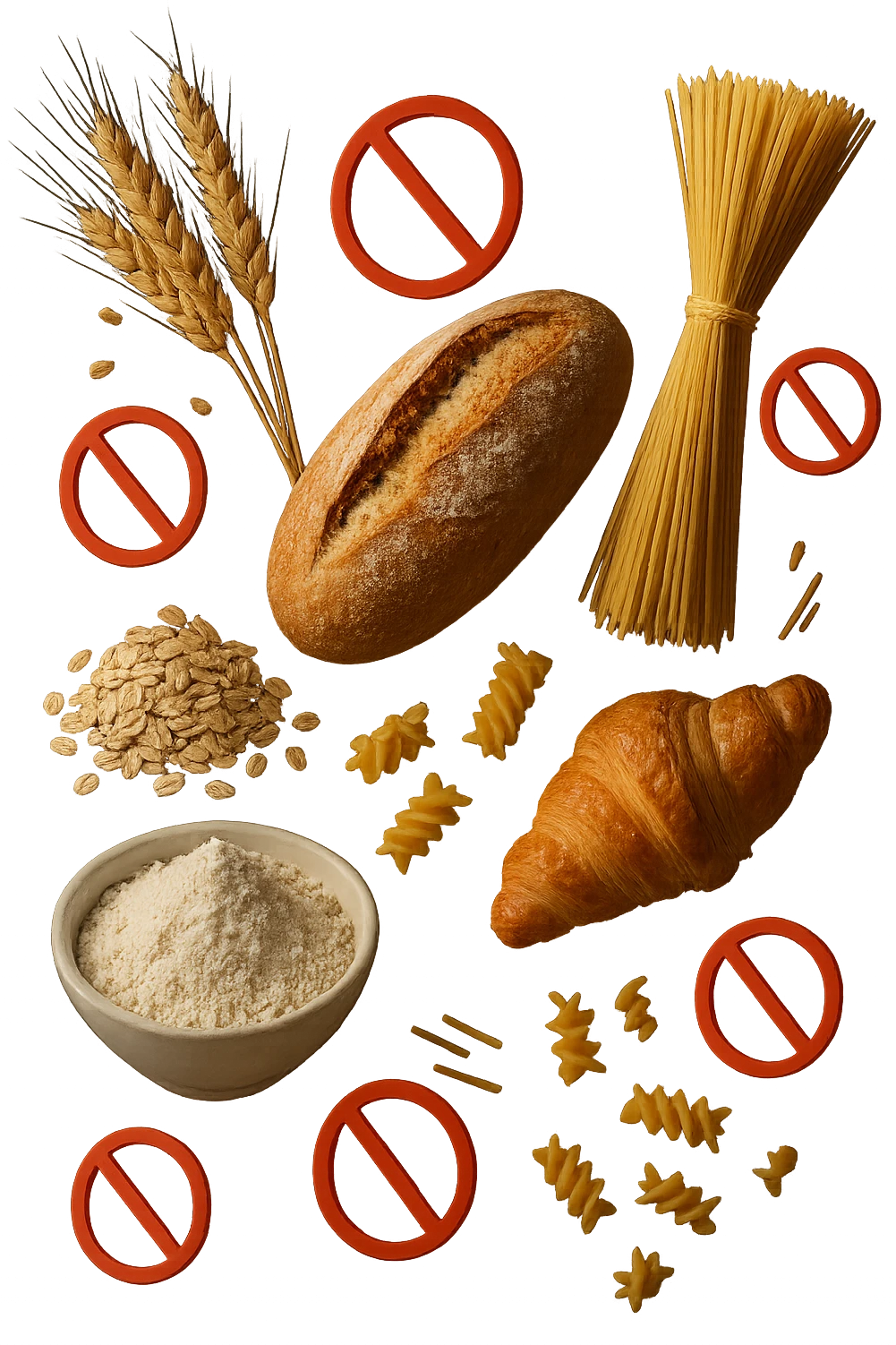 cereali, pane, pasta e farine realistici fluttuano in aria con piccoli divieti 3d, IPERREALISTICO 4K emoji