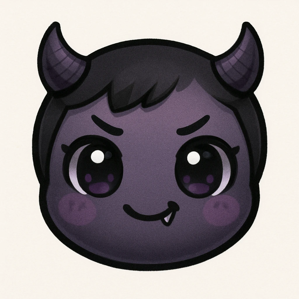devil emoji in chibi style with gothic palette black and purple, tiny horns, cute but mischievous expression emoji