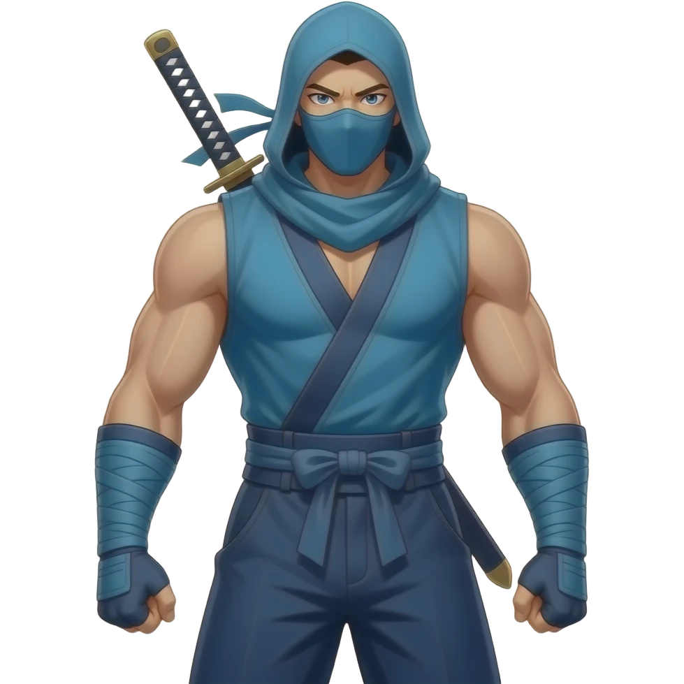 Anime Ninja all dark cyan with hood sleeveless cyan masks look superstrong and sword in back and ninja dark cyan pants very tall full body emoji