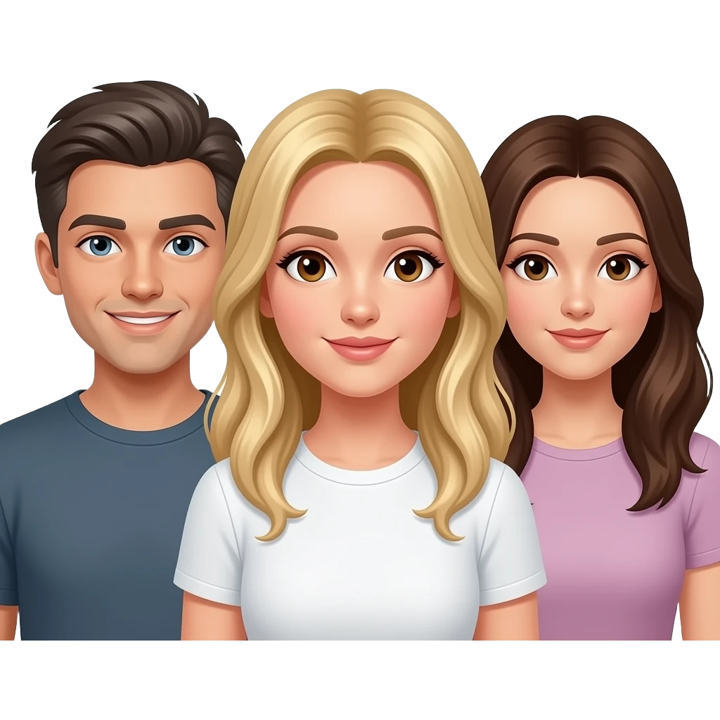 Make a throuple emoji One highlighted blonde long hair female with brown eyes, one brunette/gray hair younger male, one brunette long hair female with brown eyes emoji