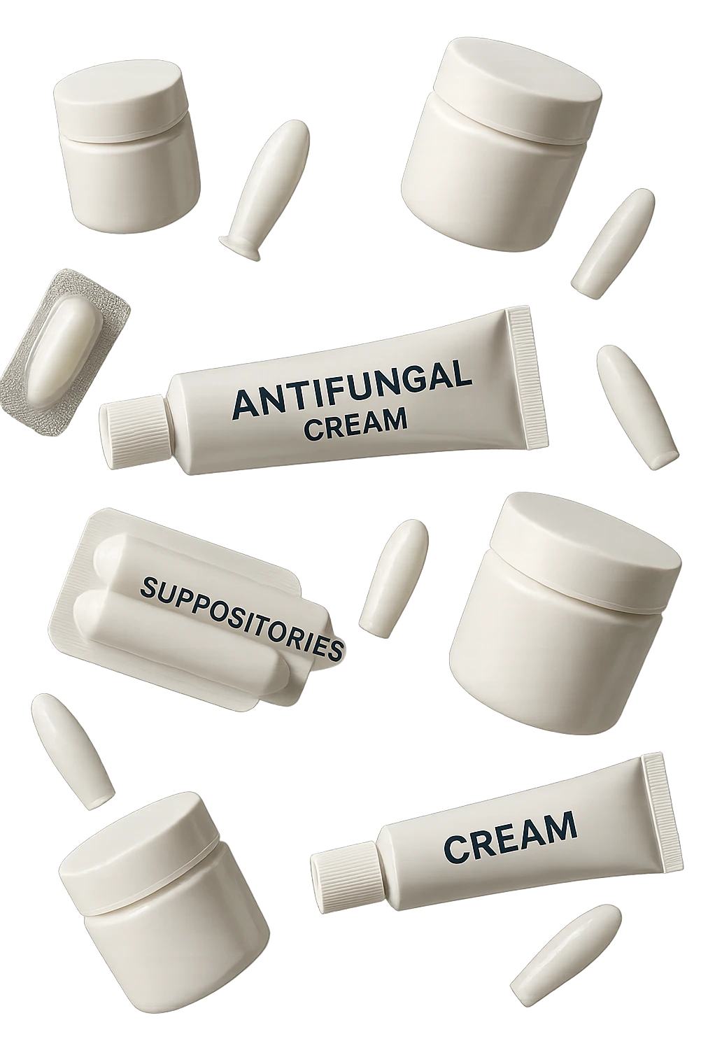 boccette di farmaci fluttuano in aria: creme, ovuli o antimicotici, IPERREALISTICO 4K emoji