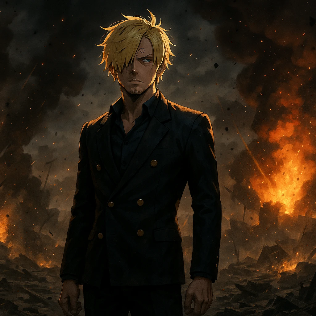 Sanji from One Piece standing alone in the middle of a chaotic war environment, dramatic lighting, debris and explosions in the background, cinematic scene, no other characters, 1920x1080 emoji