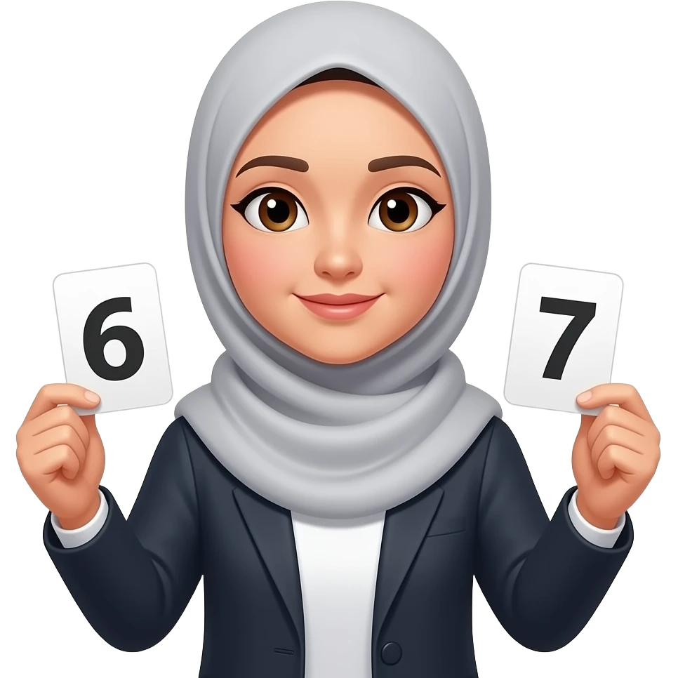 asian hijabi woman holding 6 in one hand and 7 in the other hand emoji