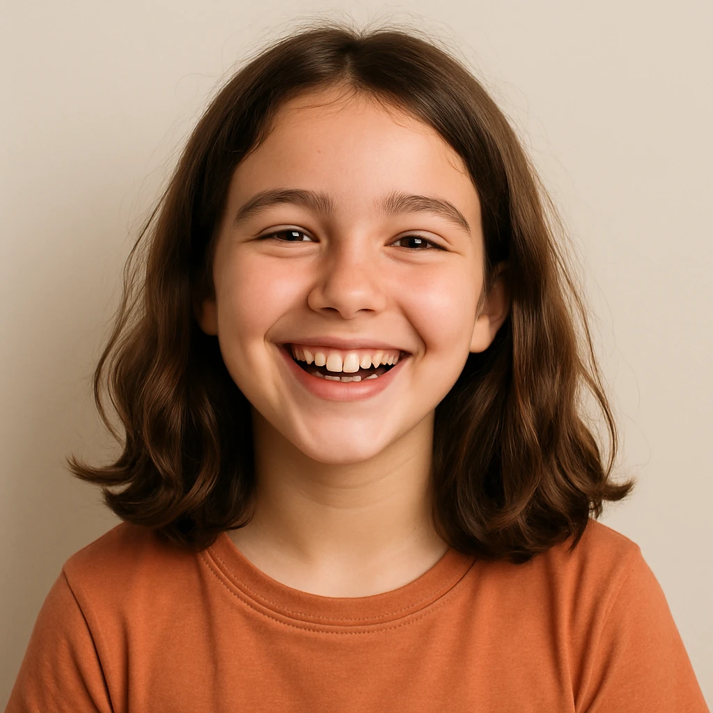 girl with medium length straight wavy hair, cheerful, plain background emoji