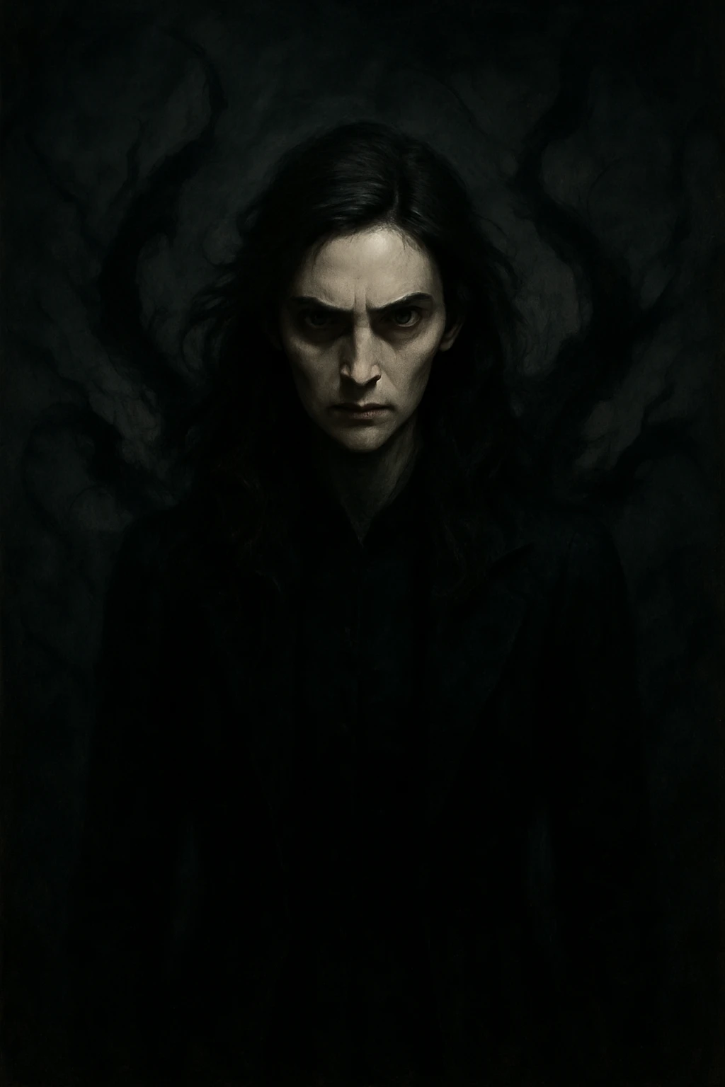 A brunette lady with a menacing, dreadful aura, sharp features, unsettling vibe, intense and foreboding expression, surrounded by chaotic negative energy emoji