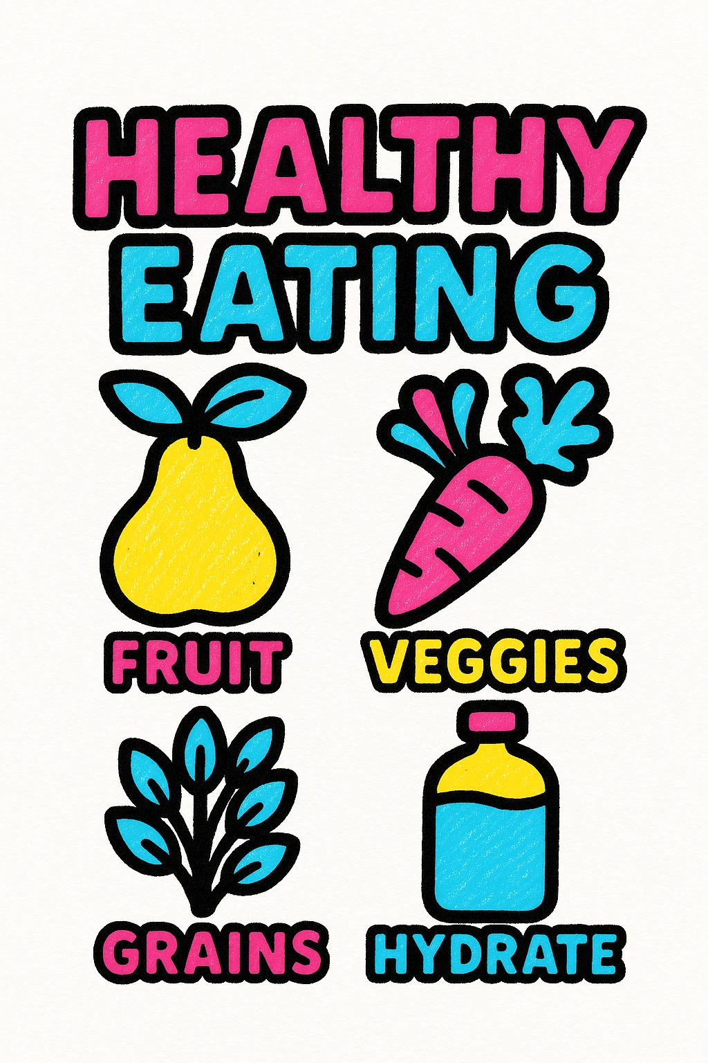 pop art style infographic on healthy eating with vibrant colors, simple geometric shapes, bold text, featuring icons for fruits, veggies, grains, and hydration emoji