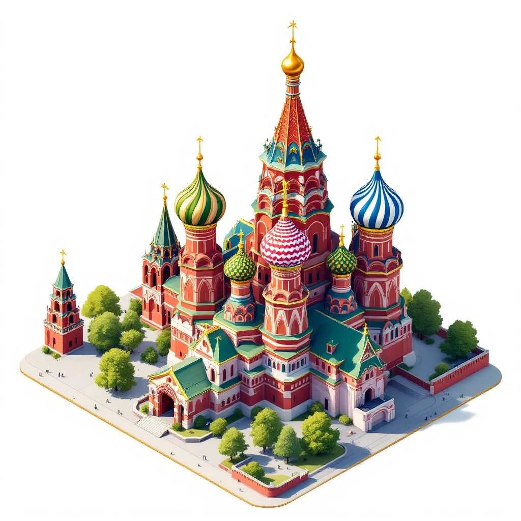 Isometric illustration of Moscow, featuring photorealistic Saint Basil's Cathedral with colorful onion domes, transparent background emoji
