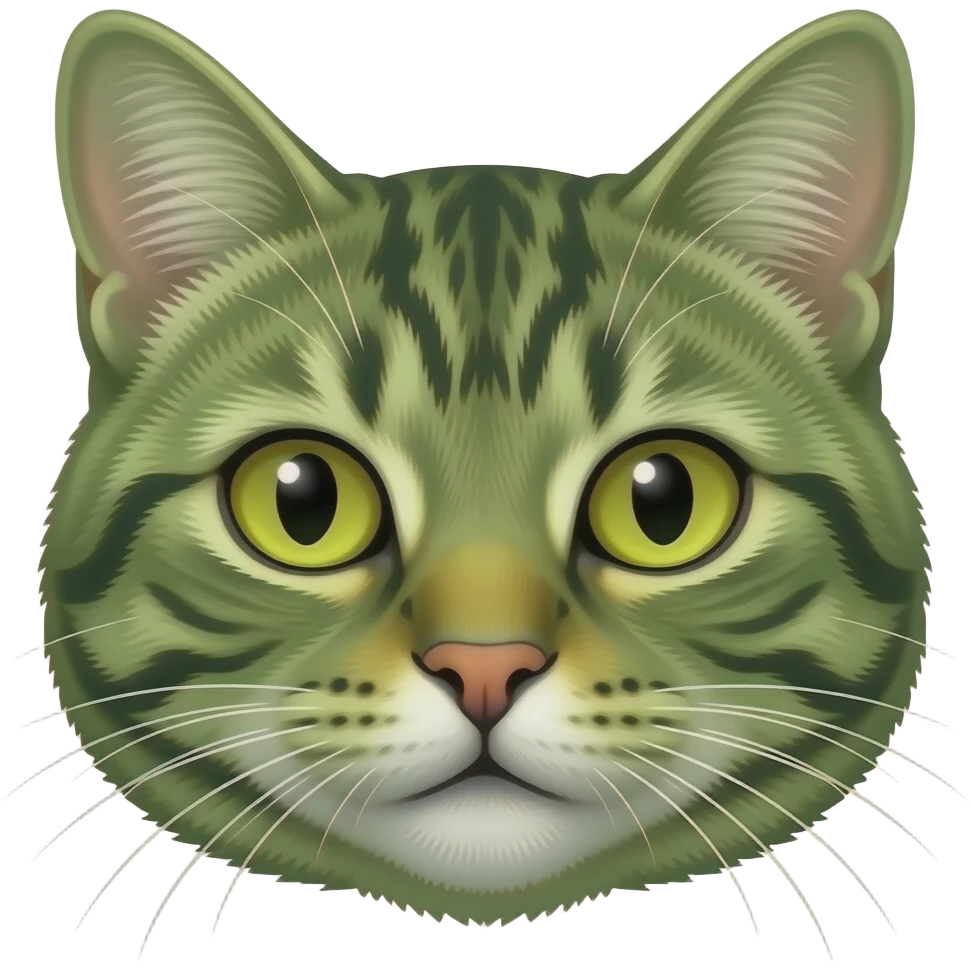 A male slim mountain dew green tabby cat head with bright yellow eyes emoji