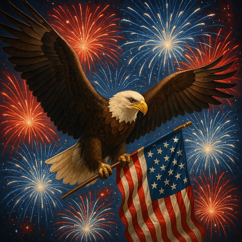 bald eagle with American flag, Fourth of July theme emoji