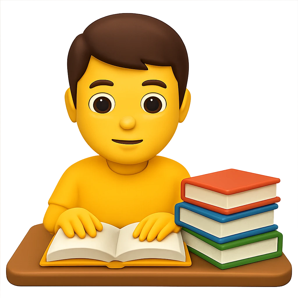 Edit the image to depict a student working with books at a desk with a stack of books on the desk in the style of apple emojis. Maintain the apple emoji style and add a stack of books on the desk clearly visible. emoji