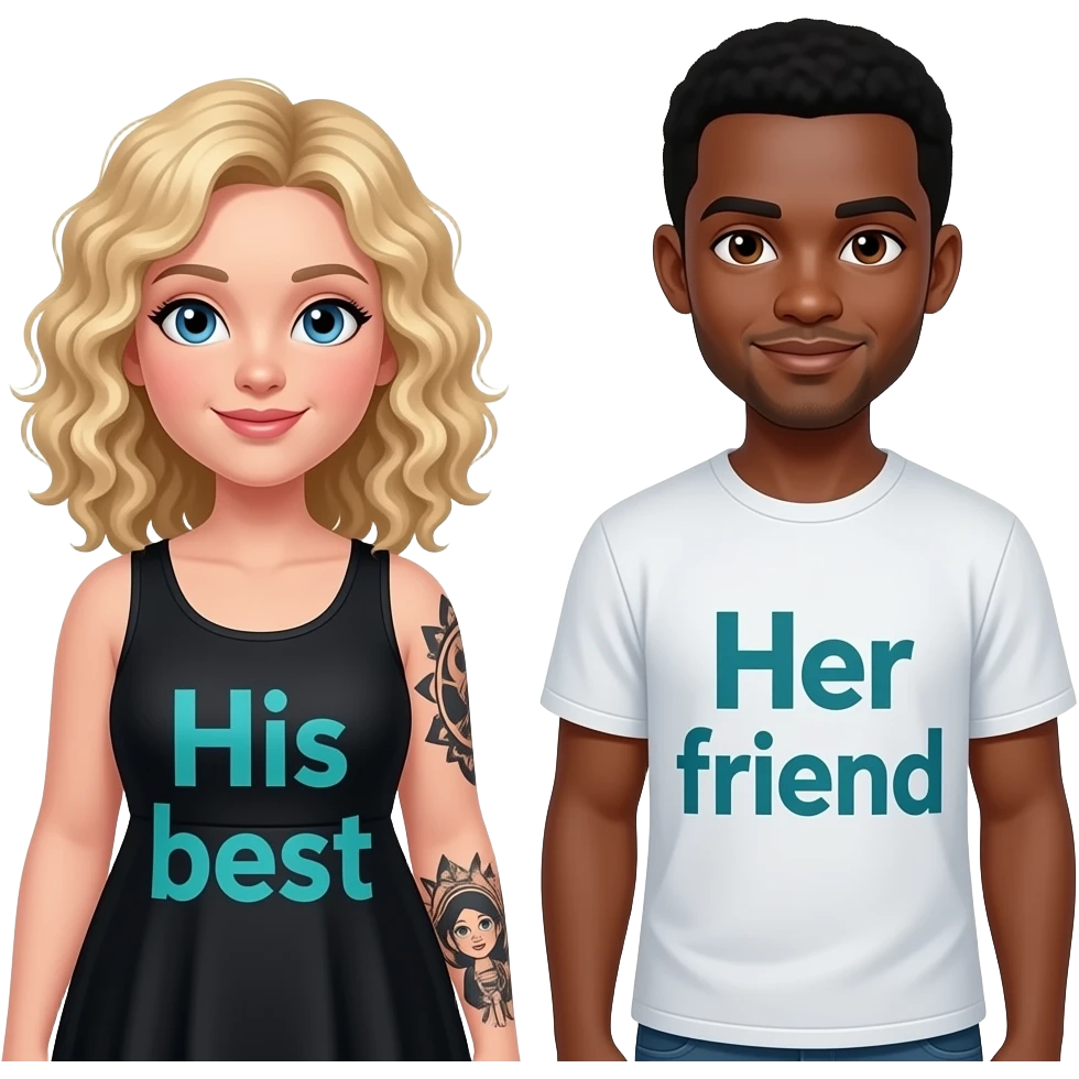 Plus size girl Blonde curly hair with blue eyes with black tattoos on right lower arm wearing a no sleeve black summer dress with saying “ His best” written in teal writing and African American man with black hair with brown eyes NO facial hair with saying “Her friend“ on his shirt emoji