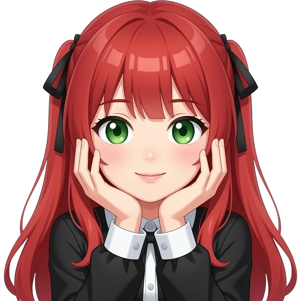 anime girl peeking through hands red hair green eyes black blouse with white collar emoji