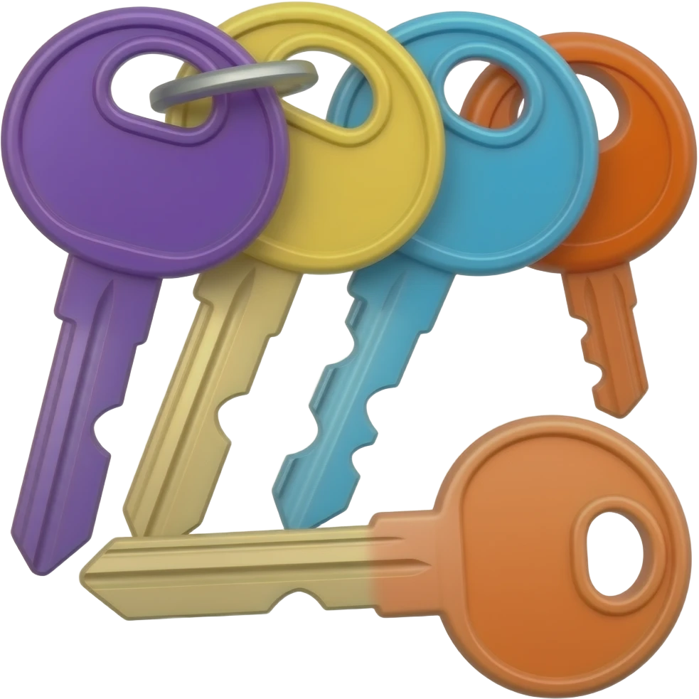 Three purple yellow blue orange keys emoji