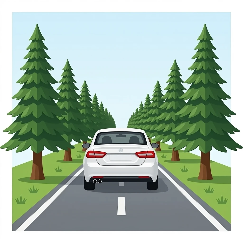 Flat vector emoji, receding road perspective, identical white sedan driving LEFT LEFT lane, symmetrical pine trees. emoji