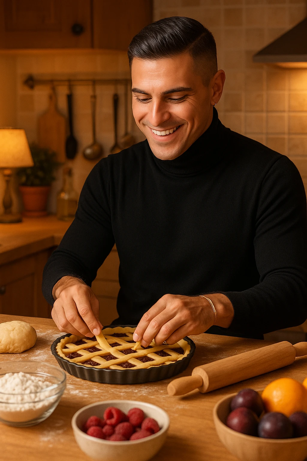 uomo che cucina il suo dolce preferito una crostata emoji