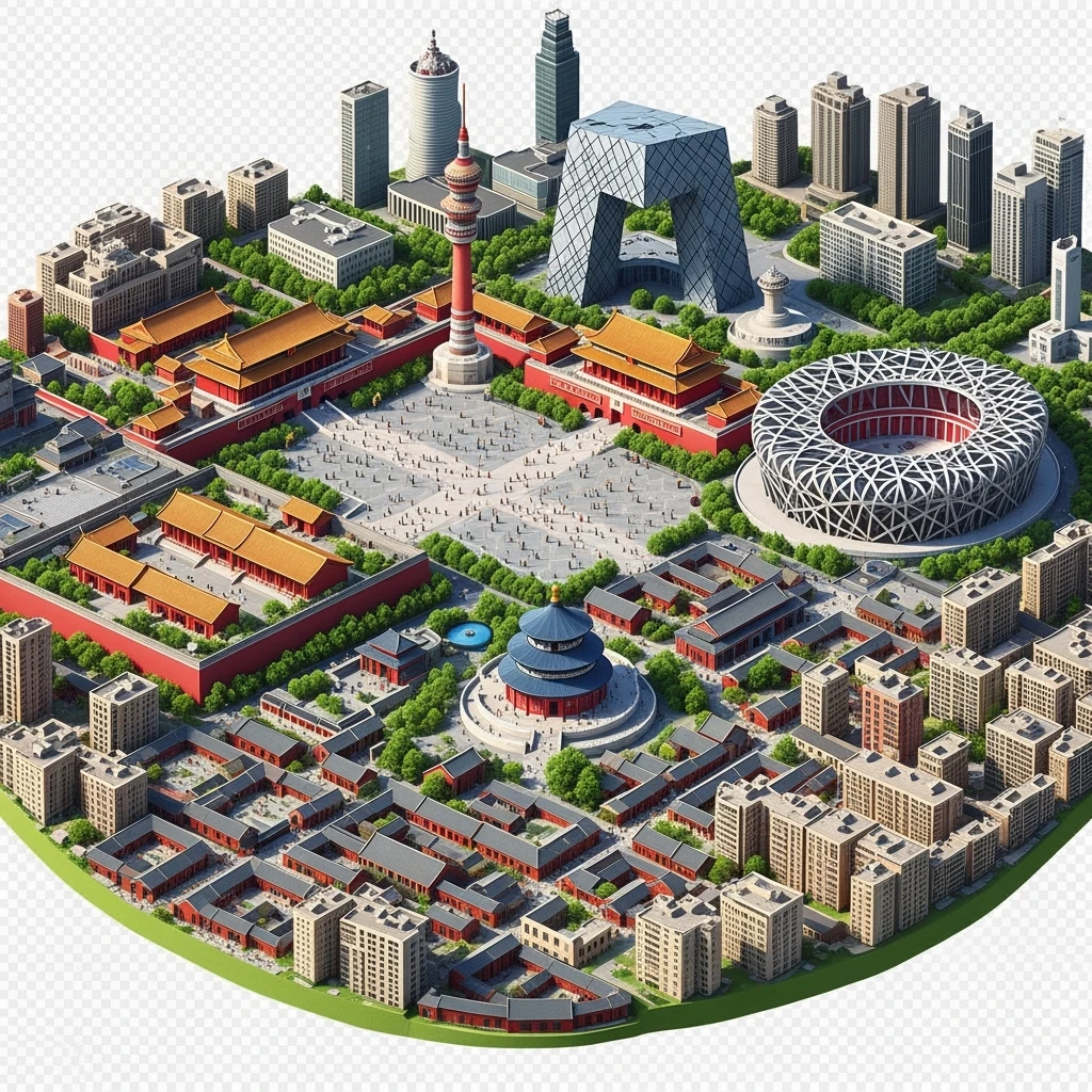 Isometric miniature of Beijing Forbidden City, Tiananmen Square, CCTV Headquarters, Temple of Heaven, Bird’s Nest Stadium and crowded hutong alleys, sprawling apartment blocks, 3D miniature effect and Tilt Shift effect, no cartoonish look, transparent background. emoji