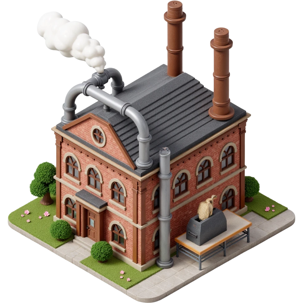 Outside view of an industrial cookie factory, multiple smokestacks, thick metal pipes crisscrossing the facade and roof, large windows hinting at inner machinery emoji