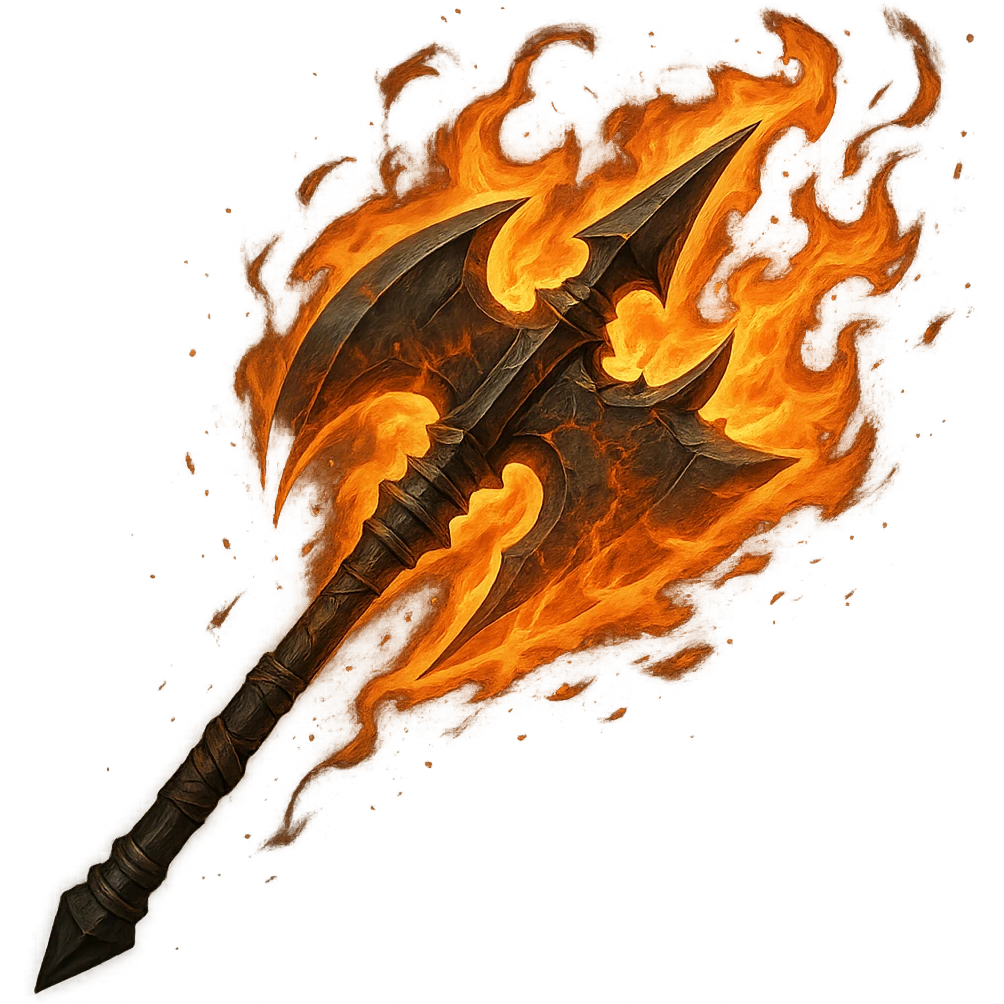 a fantasy halbert engulfed in flames, spiked back, large axe blade in front, dynamic pose, no background emoji