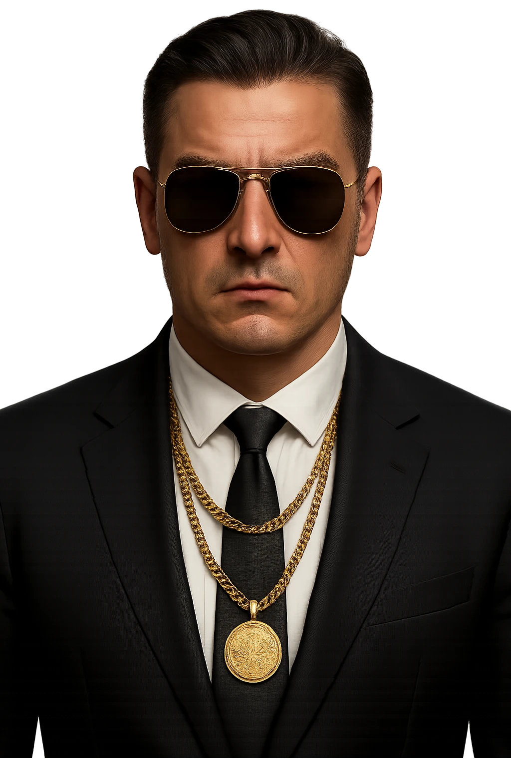 Make the emoji of an Albanian mafia member more realistic with detailed realism. Keep the black suit, sunglasses, gold chain, and intimidating attitude. No background. emoji