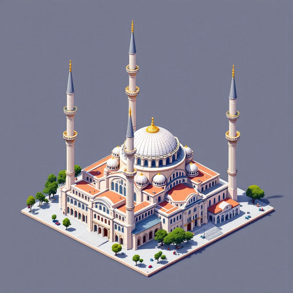 Isometric illustration of Istanbul, featuring real photorealistic Hagia Sophia with ts large central dome and four tall minarets, transparent background emoji