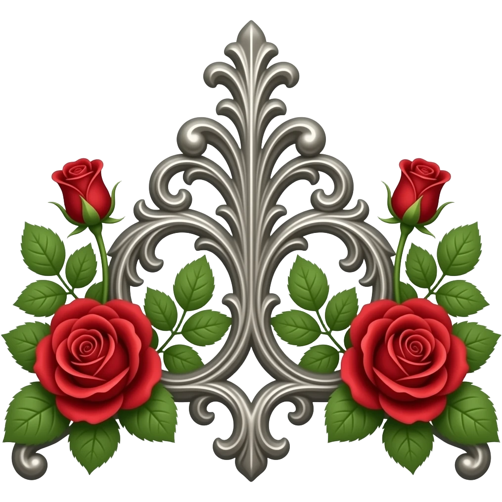 Create a beautiful and elegant horizontal decorative line in metallic antique silver with ornamental flourishes in a Gothic and Baroque style, also in metallic silver, featuring green foliage with red roses of varying sizes. The background is white. Illustration style: cartoon – Art Deco – 2D emoji