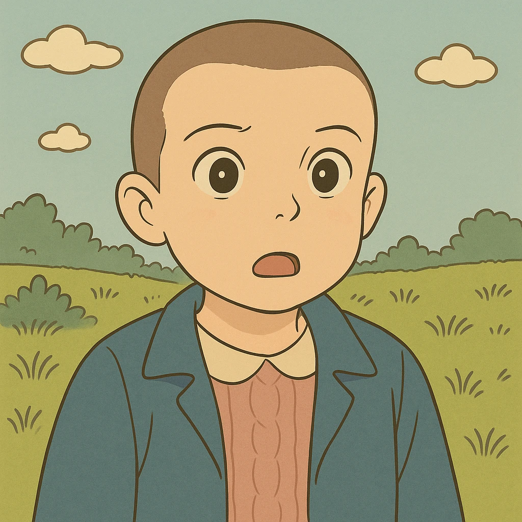 Variation of Eleven with shaved hair, serious expression, simple and delicate line art as in the reference drawing, colored in pastel tones, thick and dark contours, Ghibli style, 1:1 format, expression surprised. emoji