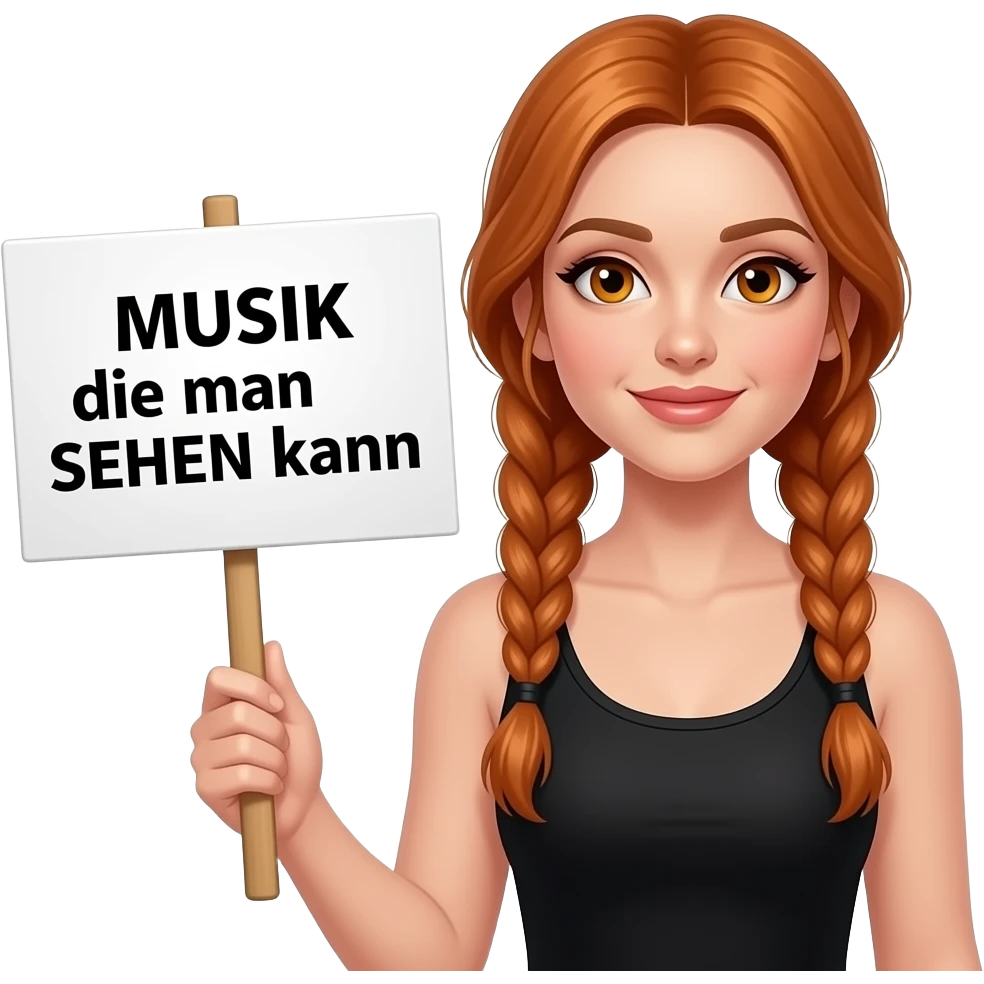 sexy girl with long ginger braids and ginger eyes wearing a black tanktop and is holding a white sign with MUSIK die man SEHEN kann written on it emoji