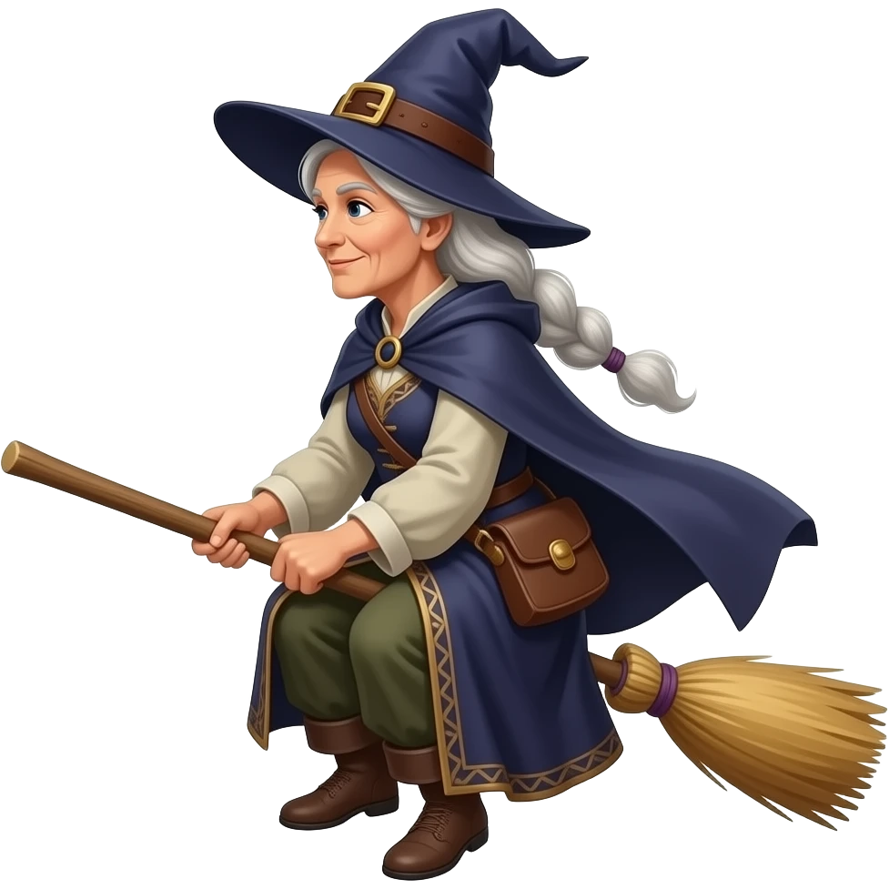 Bruja de 50 años vestuario antiguo de perfil en escoba mujer emoji