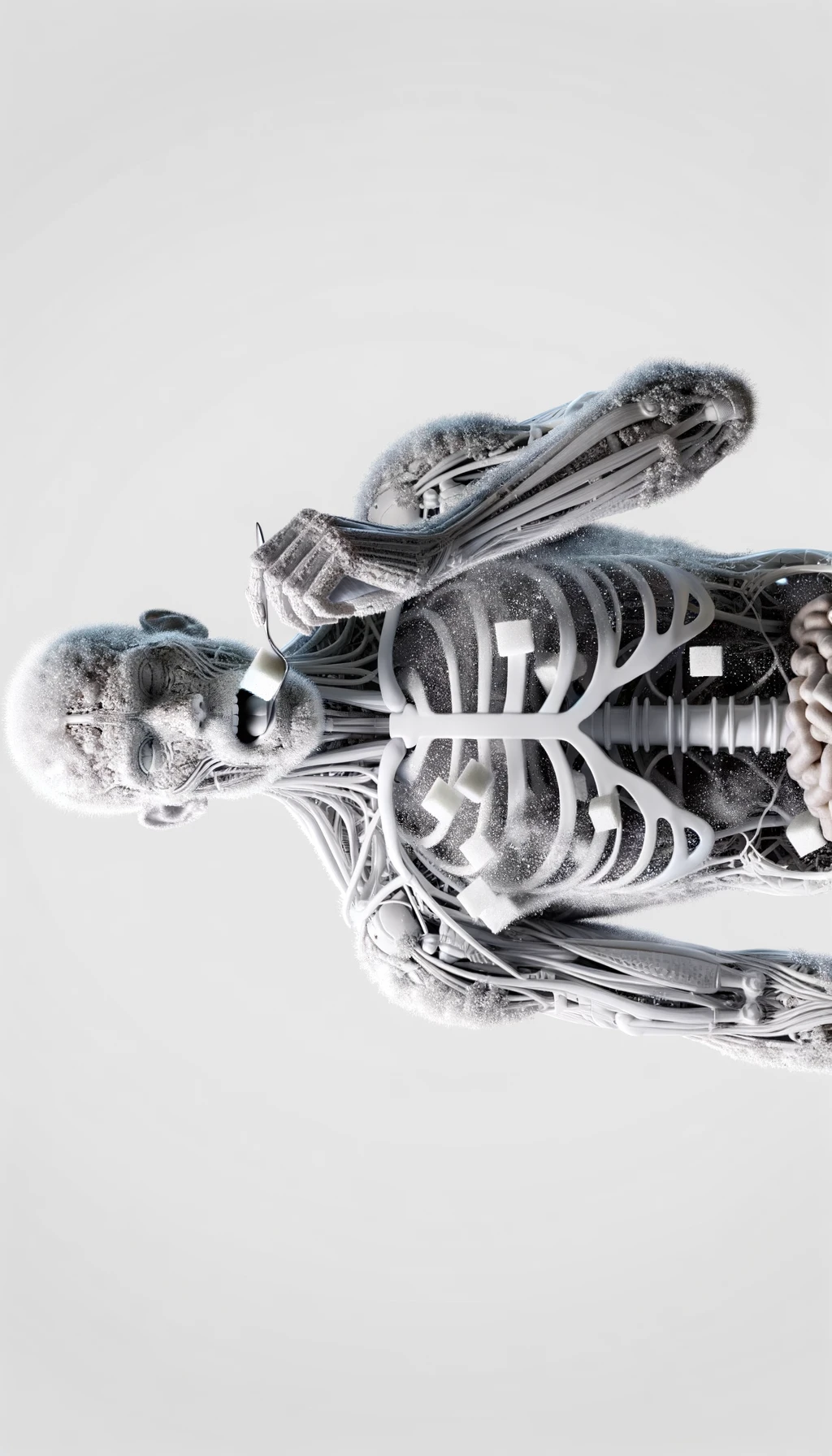 corpo umano anatomico in piedi a figura intera che mangia zollette di zucchero, posa frontale, iperrealistico 4k, isolato su sfondo bianco emoji