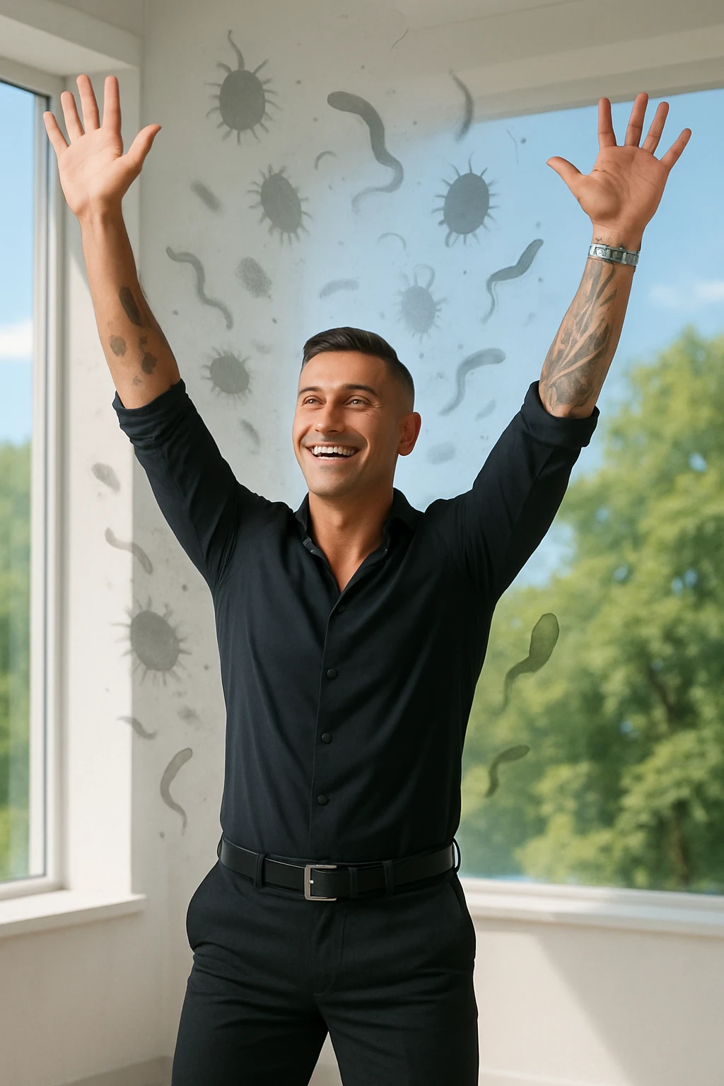 a man stands in uno studio clinico, arms raised in relief and joy, while faint, shadowy silhouettes of parasites fall away from his body and dissolve into the air. His posture is upright and energetic, his expression serene and healthy. The background features green trees and a clear sky, emphasizing liberation and restored well-being. emoji