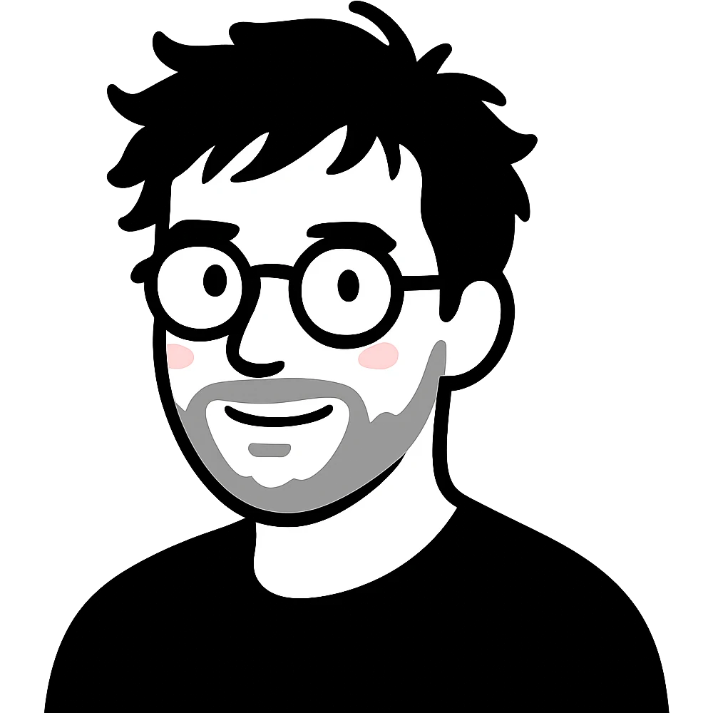 A creative man with round glasses, disheveled messy hair, and a neatly trimmed short beard, with a gentle smile emoji