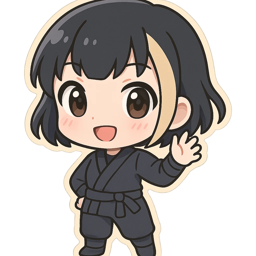 chibi ninja girl with black short hair and a blonde streak, big head, small body and arms, not overly round or infant-like, cute and playful, anime-style face with large expressive eyes, small nose and mouth, subtle blush, hand fully raised, waving to the right, smiling, pastel colors, soft shading, clean outlines, no mask emoji