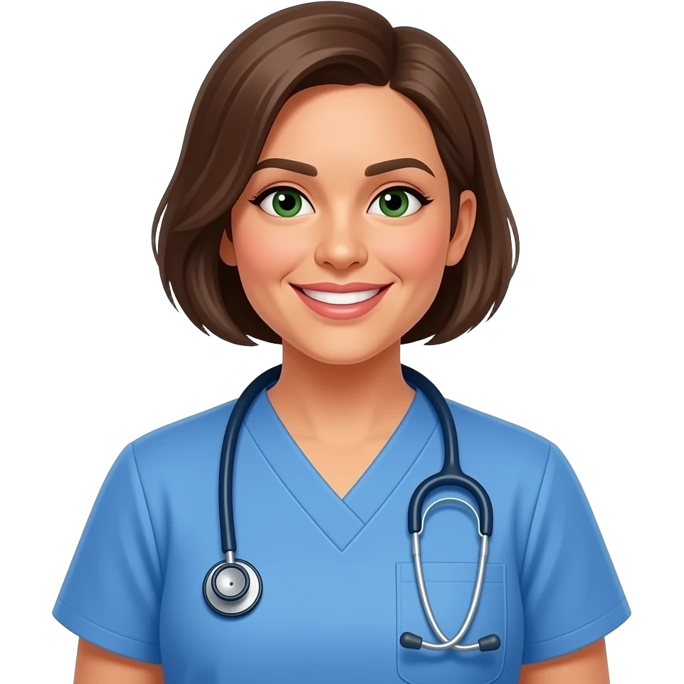 456yr female nurse instructor, dark green eyes, Hispanic, thin eyebrows, mid size lips, short hair A line with one shorter  side, 180 pounds, smiling, small nose, wearing blue nurse scrubs, wears a stethoscope, brown hair with almost no white. emoji