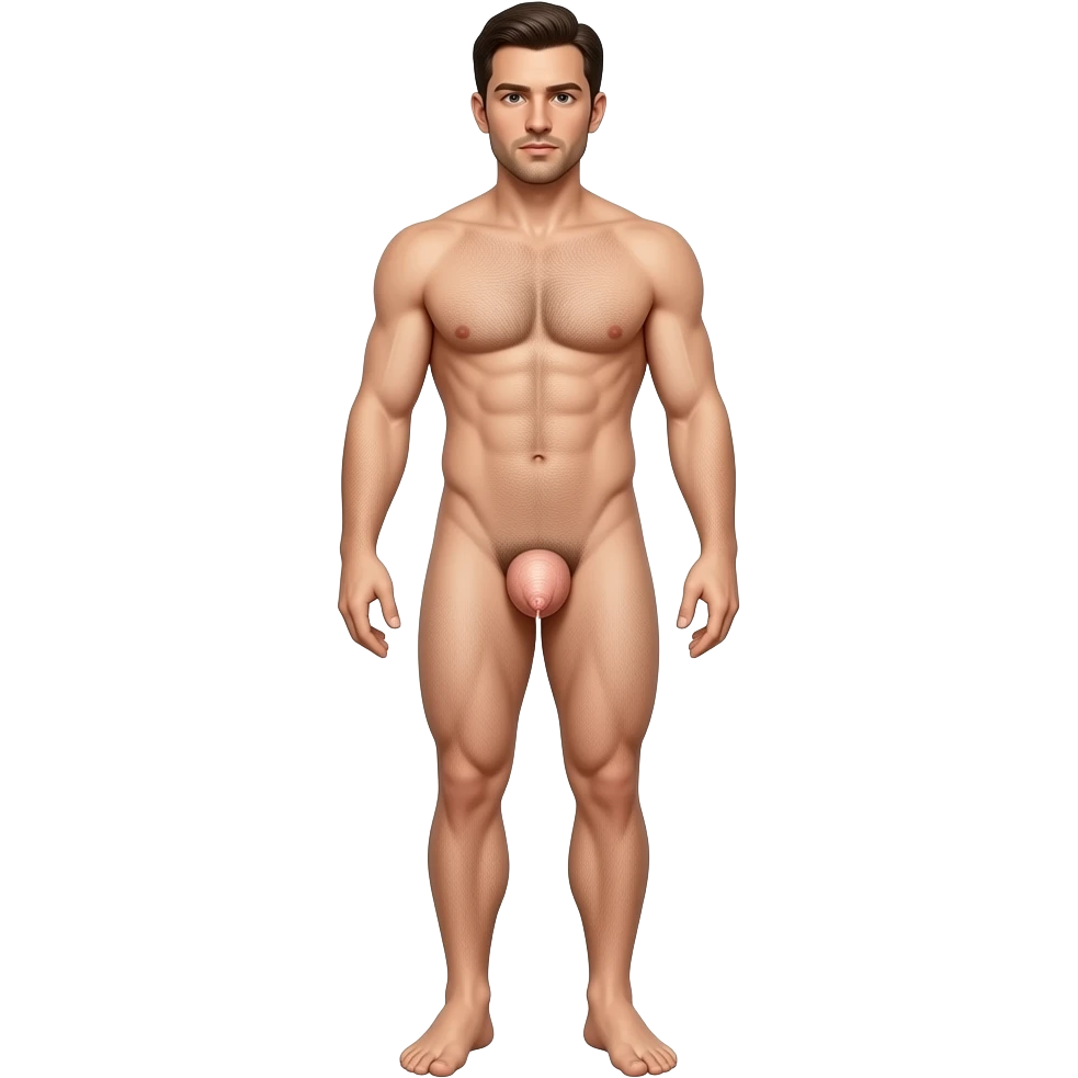 A full body of a man from head to toe With no clothes on and his cock and balls exposed with cum leaking from the tip emoji