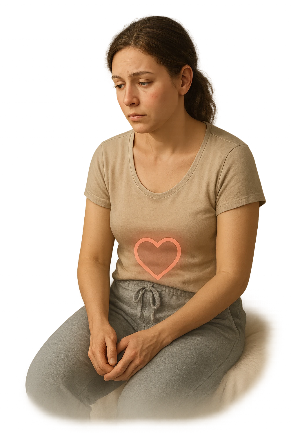 3D realistic medical illustration: a young woman in her 20s or 30s sits on the edge of a bed in a softly lit bedroom, looking thoughtful and slightly concerned. She wears comfortable loungewear, her posture is slouched, and her expression is subdued. Subtle visual cues—such as a faded calendar with missed menstrual cycles and a dimmed heart or energy icon near her abdomen—symbolize low libido and amenorrhea. The scene is realistic, intimate, and empathetic. emoji